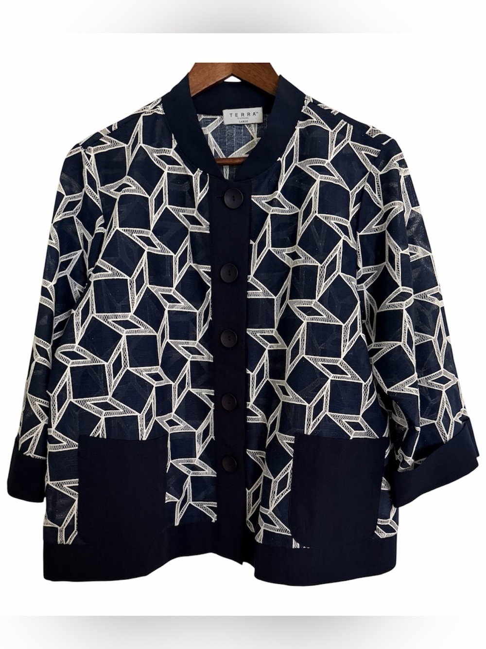 Terra SJ Apparel Lightweight Navy & White Layering Geometric Mesh Tunic Jacket